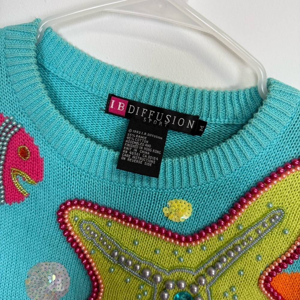 Vintage IB Diffusion Sport Sweater Womens Medium Blue Orange Sea Life Beaded 90s - Picture 7 of 11